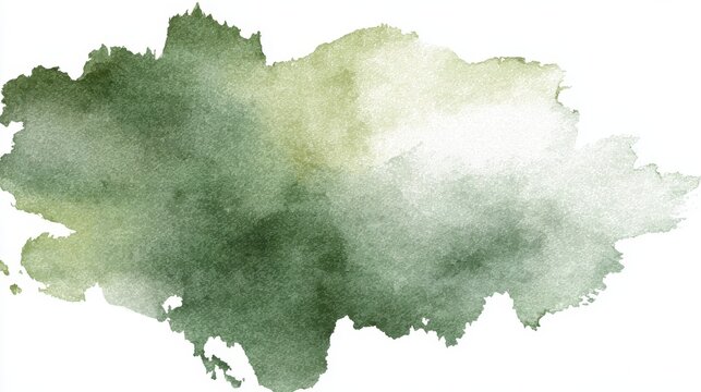Green watercolor stain creating an abstract textured background with uneven edges, blending natural organic tones and liquid brush strokes for artistic design elements