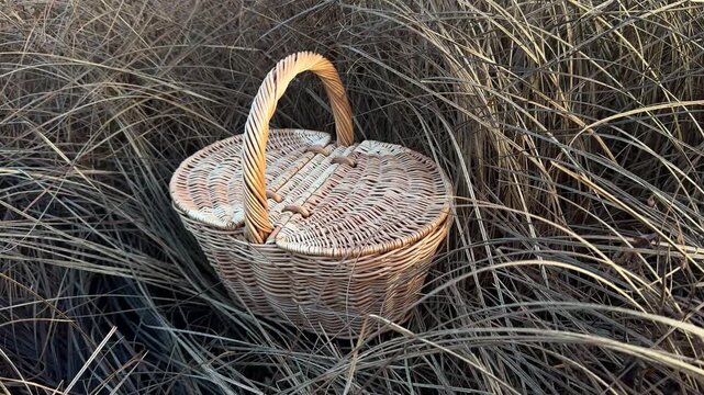 A wicker basket with a lid in tall, dry grass in autumn. A gentle breeze. Picnic basket, mushroom basket. Handmade, minimalist style, workshop