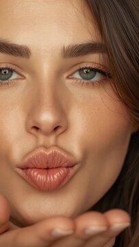 Vertical video: Gazing into camera, woman puckering lips blowing kiss at studio, with extended hand