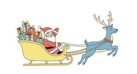 Santa Claus riding sleigh pulled by reindeer with gifts in winter , isolated