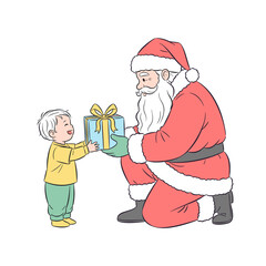 Child receiving gift from Santa Claus in festive Christmas setting, isolated 