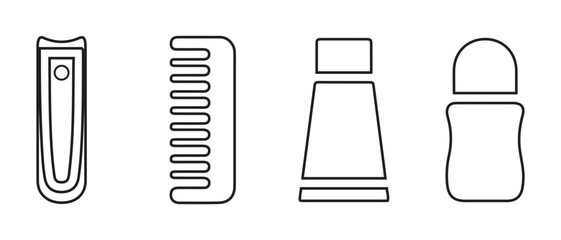 Vector Icons of Personal Hygiene Products. Nail Clipper, Comb, Lotion, Deodorant.