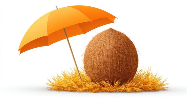 Refreshing tropical coconut drink with straw and umbrella for summer vibes on white background