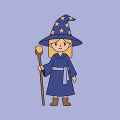 Cute Girl Wizard Character with Star Hat. Minimal Flat Vector Illustration