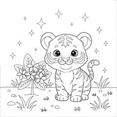 Adorable Baby Tiger with Flowers and Stars Coloring Page