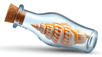 Coastal symbolism with message in bottle and seashell isolated on white background
