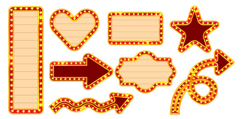 Marquee circus rectangle light sign set with carnival frame and casino glow board. Retro cinema bulb border in gold red style for theater show or vegas stage. Arrow, heart and star shape collection