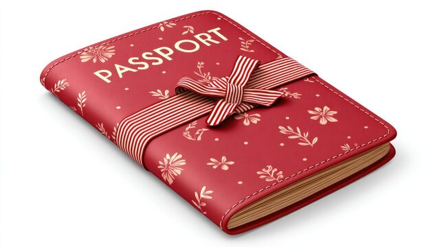 Decorative passport design with tiny floral pattern and ribbon on white background for travel accessories or gift inspiration