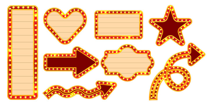 Marquee circus rectangle light sign set with carnival frame and casino glow board. Retro cinema bulb border in gold red style for theater show or vegas stage. Arrow, heart and star shape collection