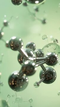 Vertical video: Animation starting molecule of metallic spheres rotating in green void, with drops