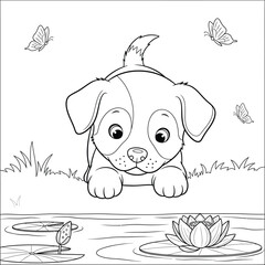 Fototapeta premium Cute Puppy with Butterflies and Lily Pads Coloring Page