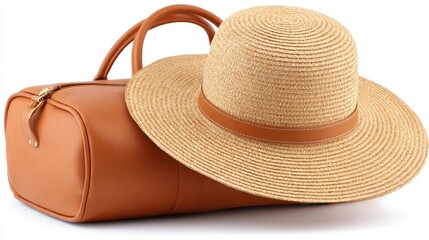 Travel essentials featuring straw hat and bag for summer adventures isolated on white background