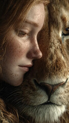 Emotional close-up portrait of a woman resting her face against a lion