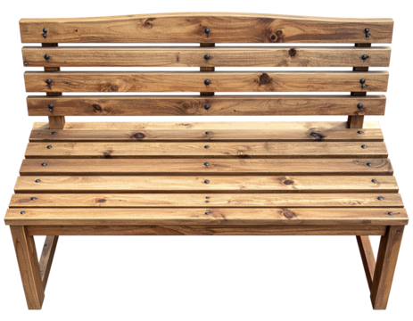 Wooden bench with horizontal slats and dark metal bolts