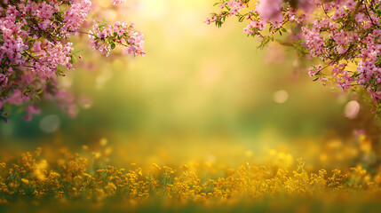 Pink blossoms and yellow wildflowers bathed in golden sunlight spring nature