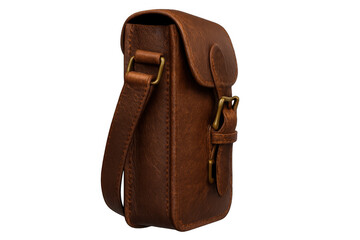 Naklejka premium Brown leather shoulder bag with brass buckles and adjustable strap, vintage fashion accessory on transparent background