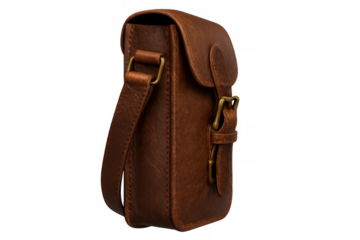 Brown leather shoulder bag with brass buckles and adjustable strap, vintage fashion accessory on transparent background