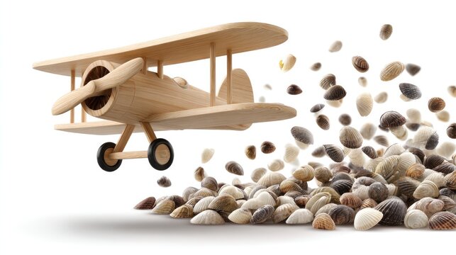 Wooden airplane above scattered seashells on white background symbolizing travel and adventure for creative design projects