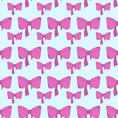 Adorable seamless pattern of vibrant pink bows on a soft blue background, perfect for playful designs and charming crafts