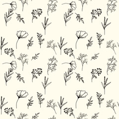 Charming botanical sketch pattern of delicate wildflowers and leaves, perfect for elegant stationery, textile design, and whimsical branding.