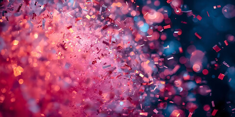 Dynamic pink and blue confetti with bokeh effect creating lively festive atmosphere full of motion