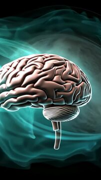 Vertical video: Rotating 3D brain at start revealing convolutions in black void, with teal aura