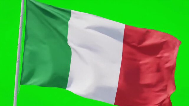 The Italian national flag proudly waves in the wind against a vibrant green screen symbolizing patriotism national identity and the rich cultural heritage of Italy perfect for chroma keying and inter.