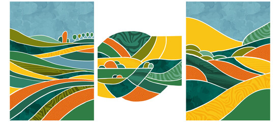 Green abstract agriculture field vector leaflet. Agro card template, farm presentation. Set of a4 layout with nature theme. Minimalist shape, agri design. Field view with texture background