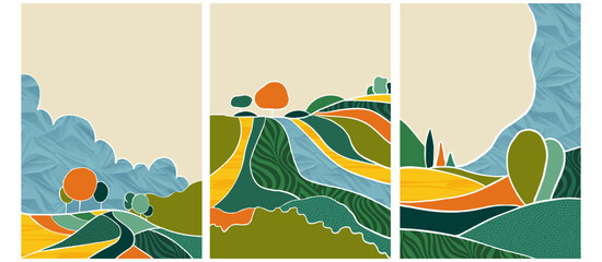 Abstract aesthetic eco green collage design. Organic nature shape vector illustration. Landscape pattern composition. Geometric field ornament. Contemporary poster collection, modern field background