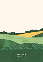 Fototapeta premium Green abstract agriculture field vector leaflet. Agro card template, farm presentation. Vertical a4 layout with nature theme. Minimalist shape, agri design. Field view, texture background