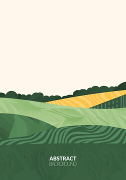 Green abstract agriculture field vector leaflet. Agro card template, farm presentation. Vertical a4 layout with nature theme. Minimalist shape, agri design. Field view, texture background