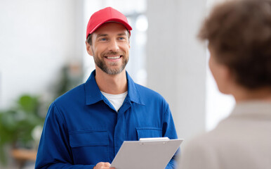 Friendly smiling technician worker in blue uniform providing service to customer at home. professional man holds clipboard, looking happy and helpful with client