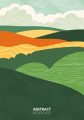 Green farm agriculture field template. Agro design vector layout. Abstract eco poster. Vertical ecology background. Eco countryside, hill shape, decoration organic farmland, nature art leaflet