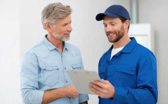 Professional smiling technician and repairman showing clipboard with maintenance service details to satisfied man and customer about an air conditioner unit