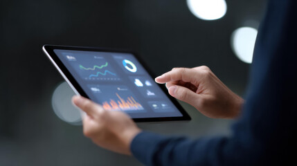 Focused businessman using digital tablet for business data analysis. man hand touching screen with graph and chart, showing financial technology innovation