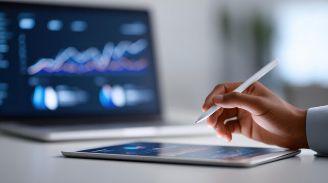 Focused african american business person analyzing financial data on tablet and laptop screen. Working on stock market chart for business growth, investment, and technology