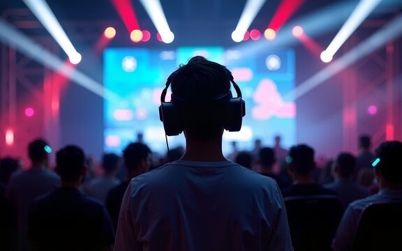 A participant immersed in virtual reality watches an intense gaming competition unfold, surrounded by cheering fans and dynamic lighting. High quality