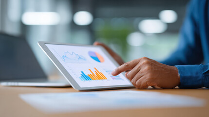 Focused businessman doing data analysis with chart and graph on digital tablet. professional reviews financial report for marketing strategy in modern office