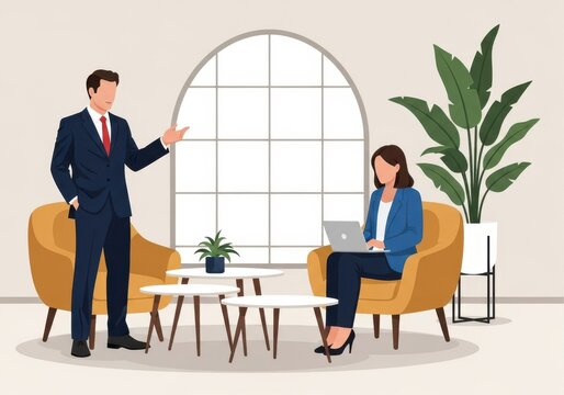 Business professionals discussing ideas in a modern office lounge area