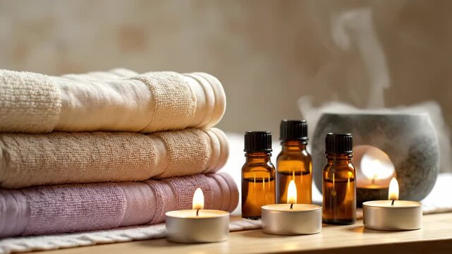 Spa and relaxation setup with towels, aroma oil bottles, and burning candles with an incense burner emitting smoke.
