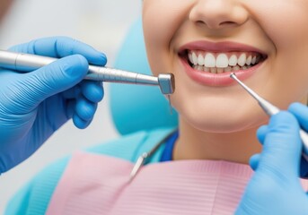 Dentist performing routine dental examination and cleaning on a smiling patient