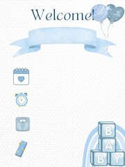 Welcome Baby Announcement with Pastel Blue Design Balloons, Ribbon, Blocks, and Icons
