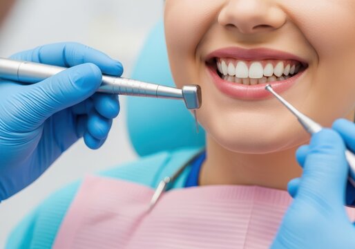 Dentist performing routine dental examination and cleaning on a smiling patient