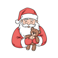 Cheerful Santa Claus holding a teddy bear in Christmas attire, isolated 