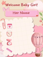 Charming pastel pink baby girl announcement template for celebrating a new arrival, featuring playful illustrations 