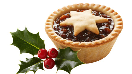 Deliciously baked traditional christmas mince pie with a festive star pastry topping and holly sprig isolated on transparent background