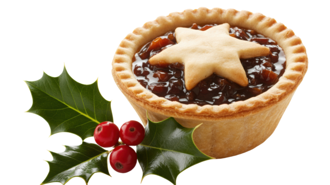 Deliciously baked traditional christmas mince pie with a festive star pastry topping and holly sprig isolated on transparent background - Powered by Adobe