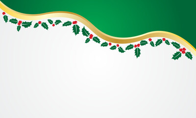 Luxury Christmas Greeting Card Border with Green Gold Waves and Holly Ornaments