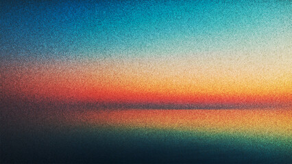 Dreamy tranquil grainy sunset reflected on still water with nostalgic analog film texture created from thousands of individual dots. Delicate film grain horizon glowing with serene dusk colors. Vector