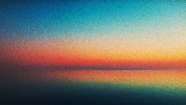 Dreamy tranquil grainy sunset reflected on still water with nostalgic analog film texture created from thousands of individual dots. Delicate film grain horizon glowing with serene dusk colors. Vector